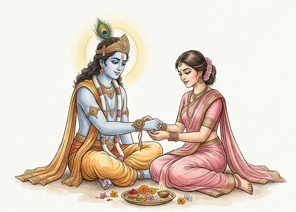Draupadi ties a strip of her sari on Krishna's wrist
