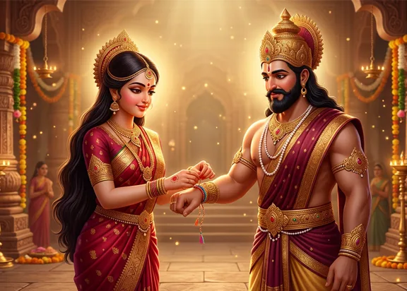 Goddess Lakshmi ties a rakhi on King Bali's wrist